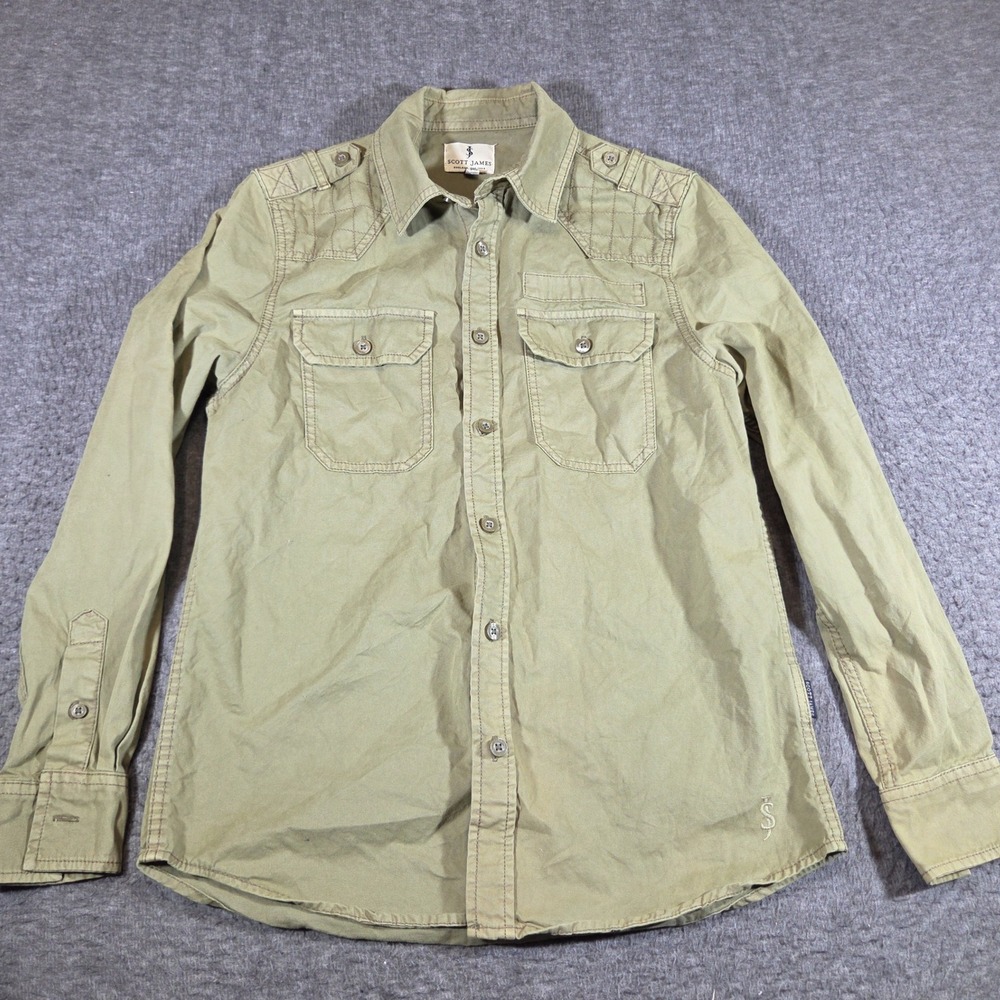 Scott James Button Down Shirt Mens Small Olive Green Military Style Epaulettes